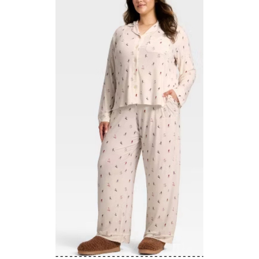 XXL Women's Auden Cloud Knit Modal Long Sleeve‎ Notch Collar- Cream Skiers Set
